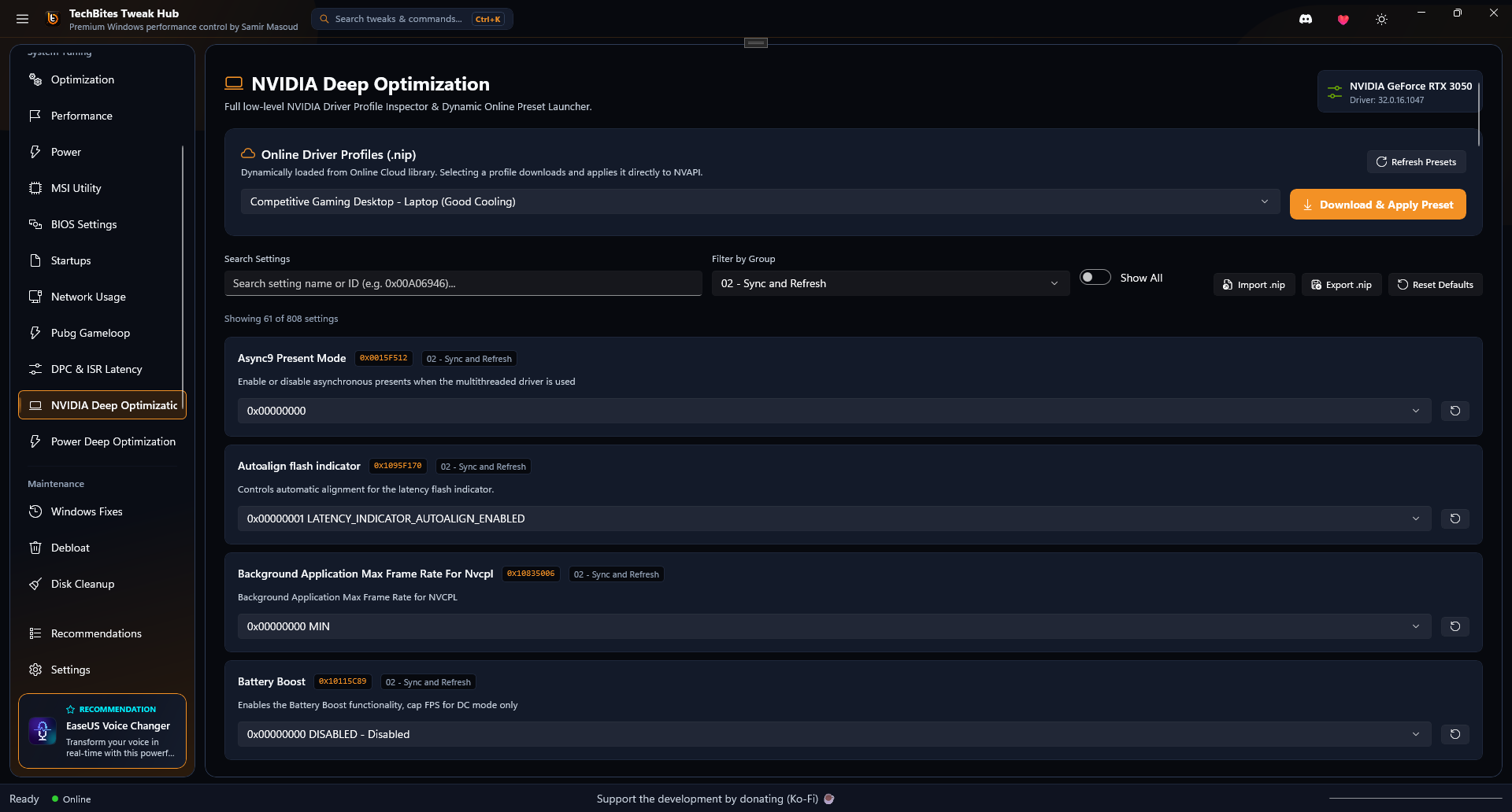 Tech Bites Hub NVIDIA Deep Optimization Screen